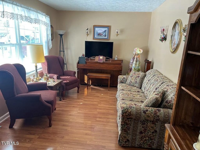 living room featuring a textured ceiling and light hardwood / wood-style flooring