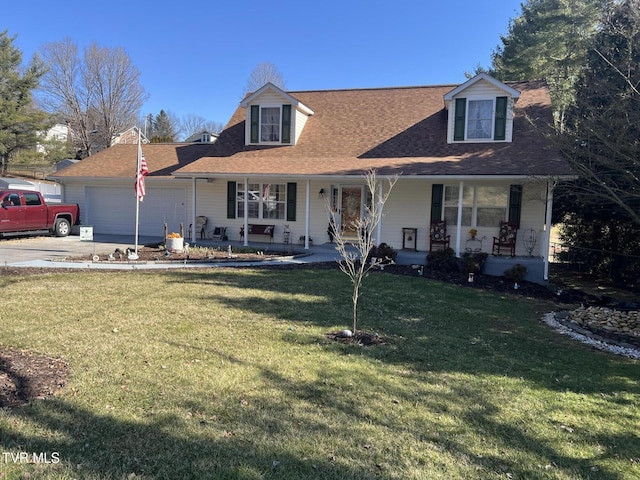 new england style home featuring covered porch, concrete driveway, a front lawn, and a garage