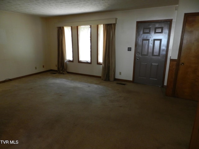 entryway with a textured ceiling and carpet