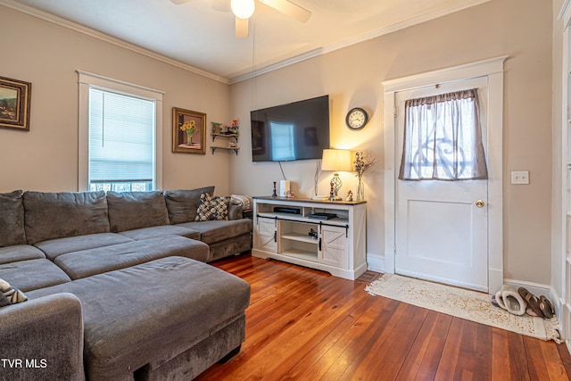 living room with hardwood / wood-style floors, ornamental molding, and ceiling fan