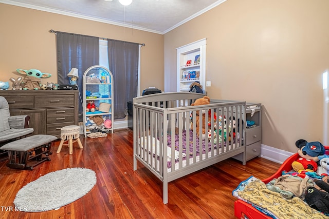 bedroom with crown molding and dark wood-type flooring