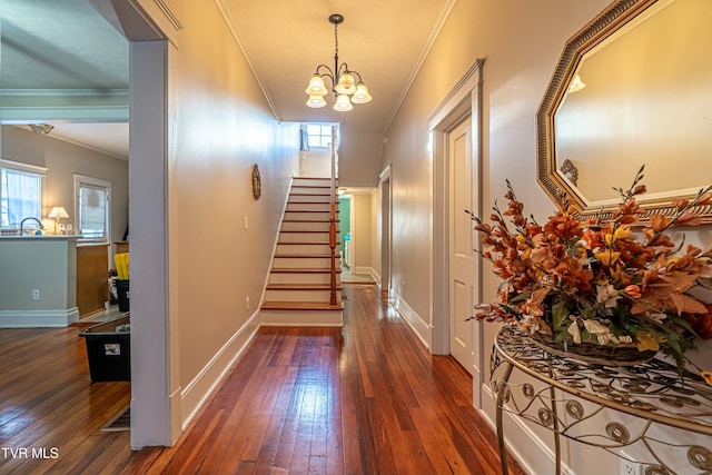 interior space with an inviting chandelier, ornamental molding, and dark hardwood / wood-style flooring