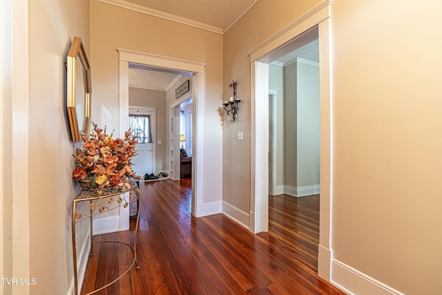 hall featuring crown molding and dark wood-type flooring