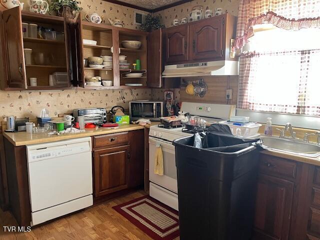 kitchen featuring white appliances, light hardwood / wood-style flooring, dark brown cabinets, and sink