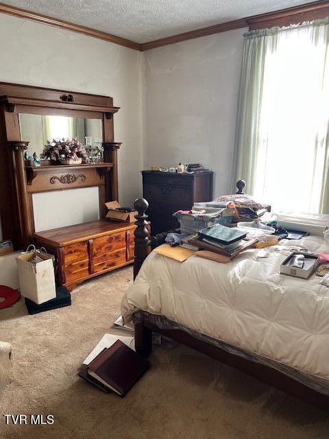 bedroom featuring carpet floors, multiple windows, a textured ceiling, and crown molding