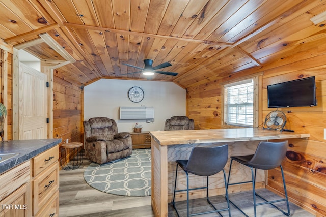 interior space featuring light brown cabinets, a kitchen bar, wood walls, and wooden ceiling