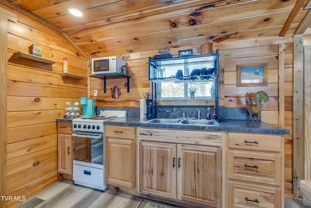 kitchen featuring sink, wooden walls, and white appliances