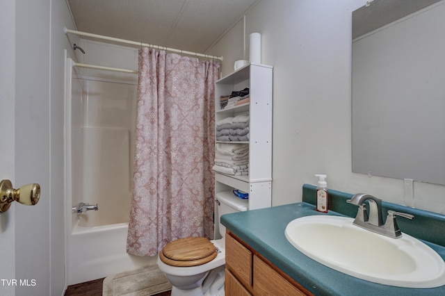 full bathroom with toilet, a textured ceiling, shower / bath combo, and vanity