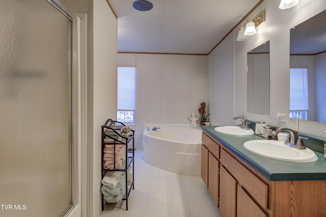 bathroom featuring vanity, independent shower and bath, and crown molding