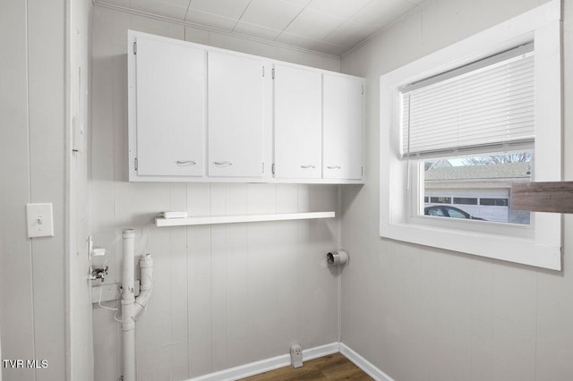 laundry area featuring cabinets and dark hardwood / wood-style floors