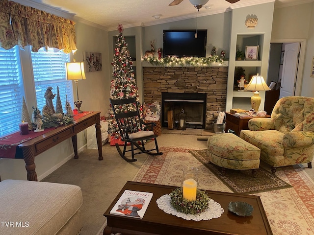 living room with carpet floors, ornamental molding, a stone fireplace, and vaulted ceiling