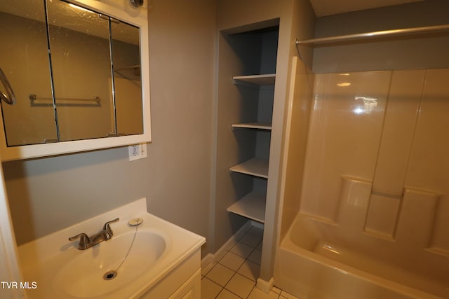 bathroom featuring tub / shower combination, vanity, and tile patterned flooring