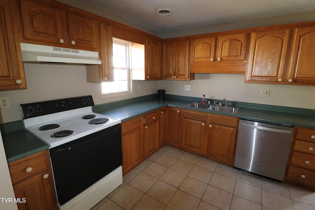 kitchen featuring a textured ceiling, electric stove, sink, light tile patterned flooring, and stainless steel dishwasher