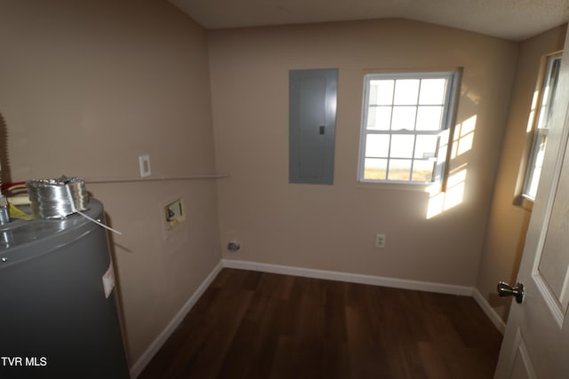 laundry room with electric panel, dark hardwood / wood-style flooring, hookup for a washing machine, and gas water heater