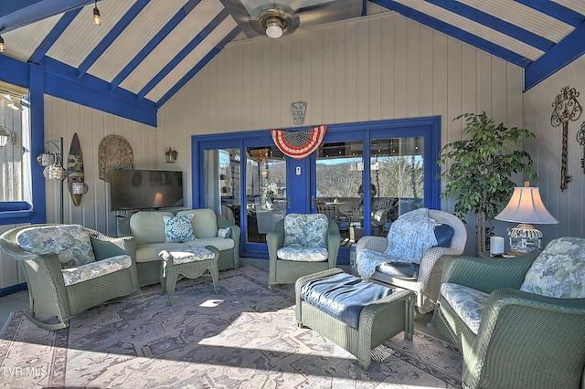 view of patio with an outdoor living space with a fireplace