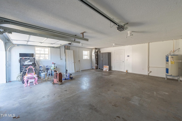 garage with electric water heater and a garage door opener