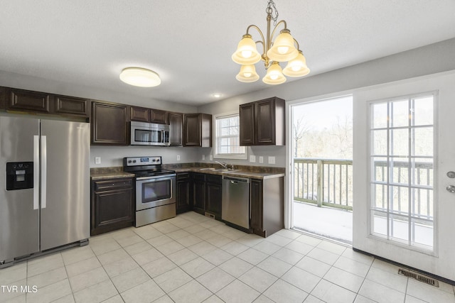 kitchen featuring a notable chandelier, pendant lighting, sink, a healthy amount of sunlight, and stainless steel appliances