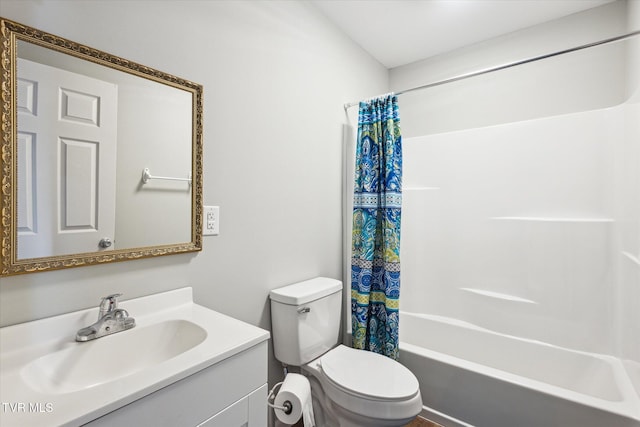 full bathroom featuring toilet, vanity, and shower / tub combo with curtain