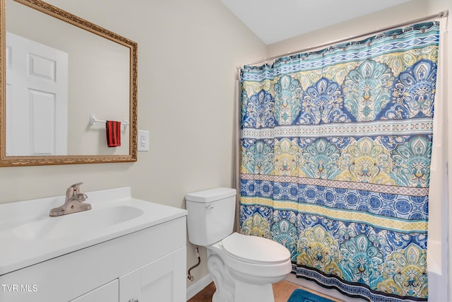 bathroom featuring vanity, toilet, and curtained shower