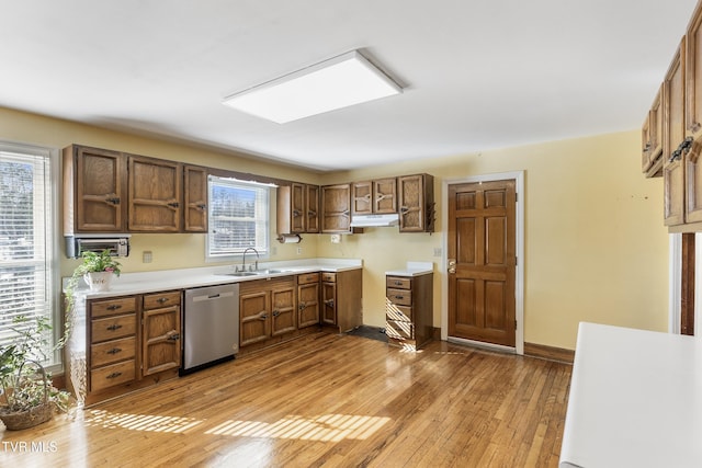 kitchen featuring a wealth of natural light, stainless steel dishwasher, light hardwood / wood-style flooring, and sink