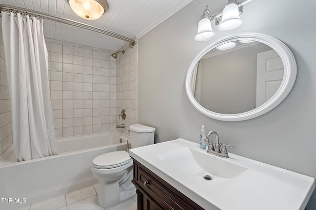 full bathroom with toilet, vanity, and shower / tub combo with curtain