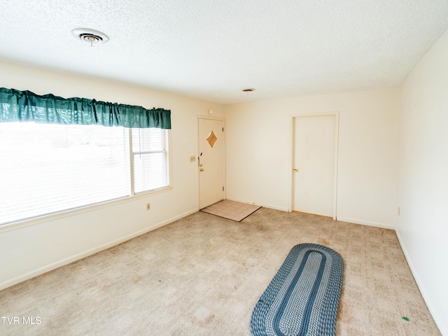 spare room featuring light colored carpet and a textured ceiling