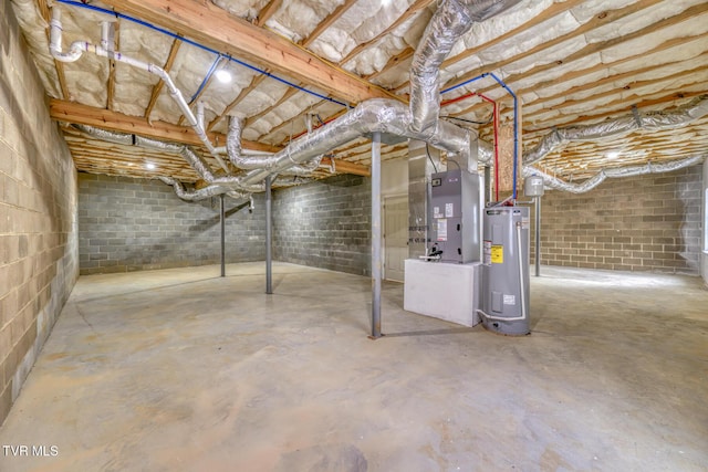 basement with heating unit and water heater