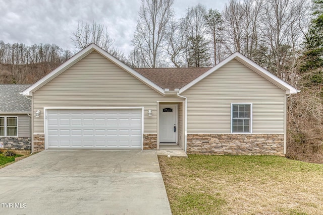 view of front of home with stone siding, concrete driveway, an attached garage, and a shingled roof