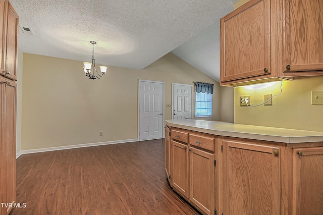 kitchen with a textured ceiling, decorative light fixtures, an inviting chandelier, dark hardwood / wood-style floors, and vaulted ceiling