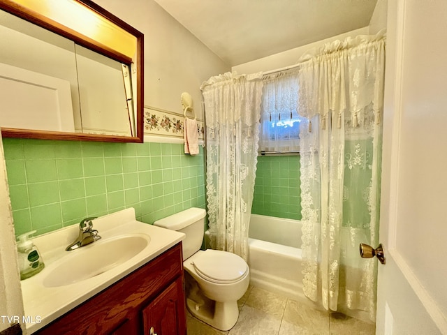 full bathroom featuring tile patterned flooring, tile walls, toilet, vanity, and shower / bathtub combination with curtain