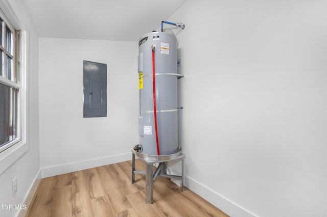 utilities with electric panel and strapped water heater