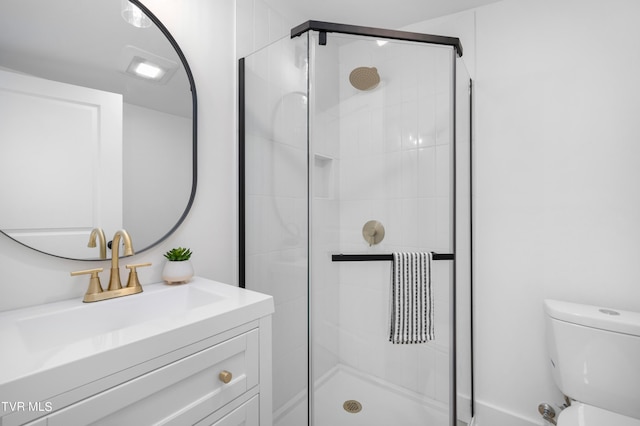 bathroom with a shower stall, toilet, and vanity