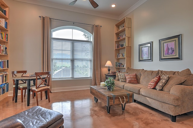 living room with ceiling fan, concrete floors, crown molding, and built in features