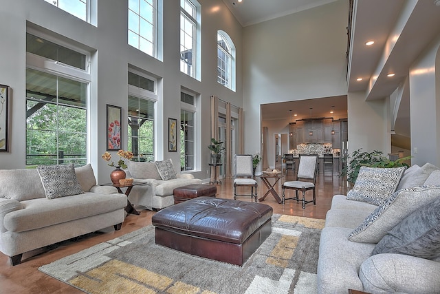 living room with ornamental molding and a towering ceiling