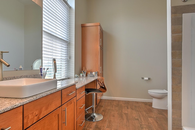 bathroom featuring toilet, vanity, and hardwood / wood-style floors