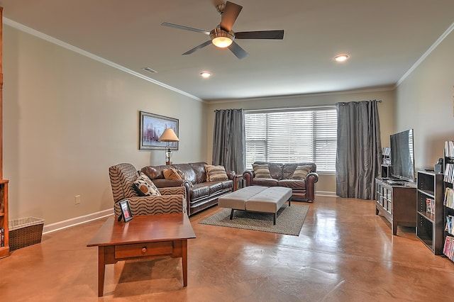 living room featuring ceiling fan and crown molding