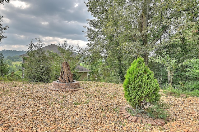 view of yard featuring an outdoor fire pit