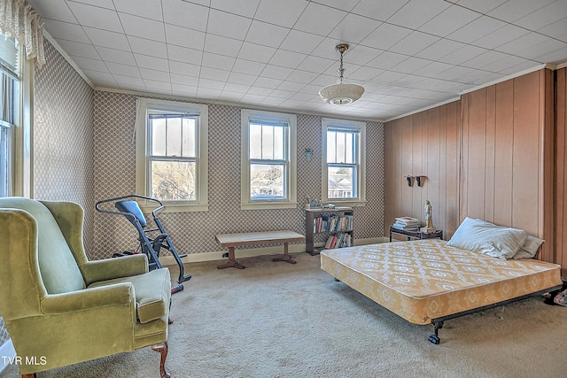 bedroom with carpet floors and wooden walls