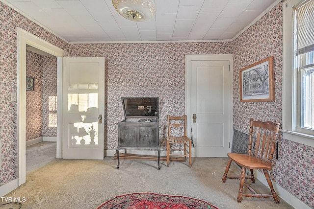 living area featuring ornamental molding and light carpet