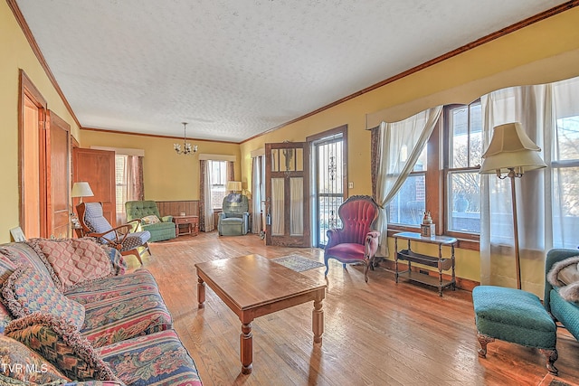 living room with a textured ceiling, crown molding, a chandelier, and light wood-type flooring