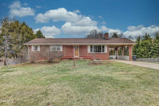 single story home featuring a front yard and a carport