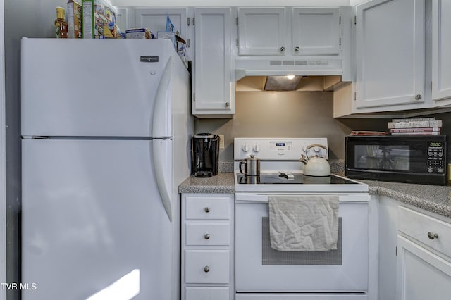 kitchen with white cabinetry and white appliances