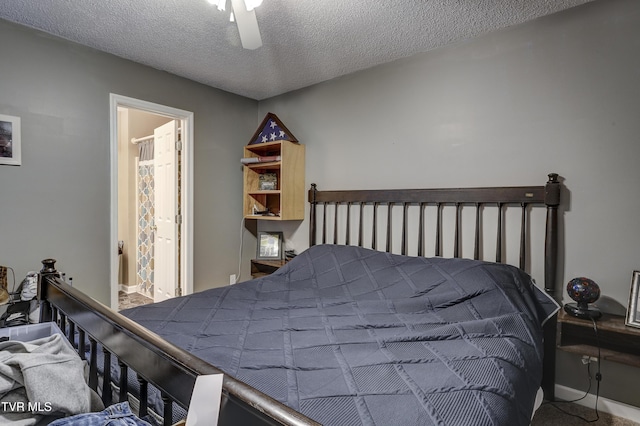 bedroom featuring connected bathroom, ceiling fan, and a textured ceiling