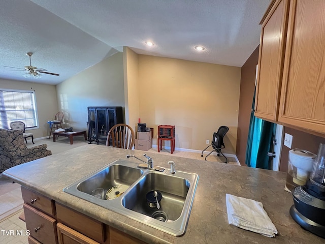 kitchen with sink, ceiling fan, a textured ceiling, and lofted ceiling