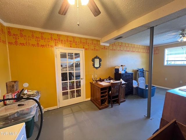 office with ceiling fan, concrete flooring, and a textured ceiling