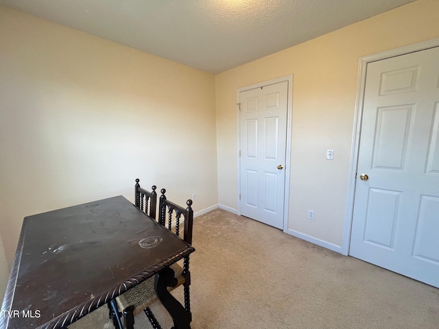 home office with light carpet and a textured ceiling