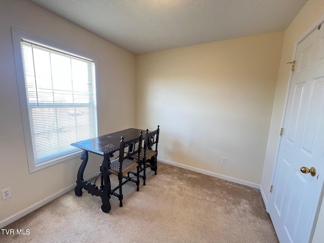 carpeted dining space with a textured ceiling