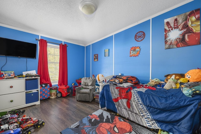 bedroom with crown molding, vaulted ceiling, dark wood-type flooring, and a textured ceiling