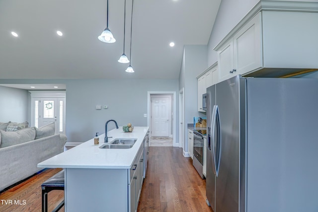 kitchen featuring pendant lighting, vaulted ceiling, sink, an island with sink, and stainless steel appliances