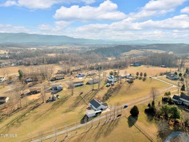 aerial view featuring a mountain view and a rural view